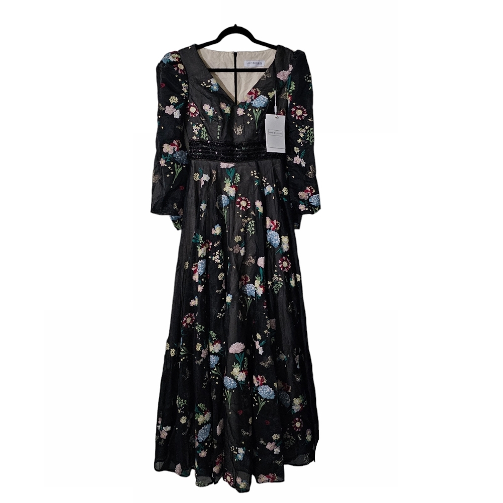 MAC DUGGAL Size 4 EMBROIDERED BISHOP SLEEVE V NECK FLOWY GOWN Dress Womens 4 - Picture 4 of 8